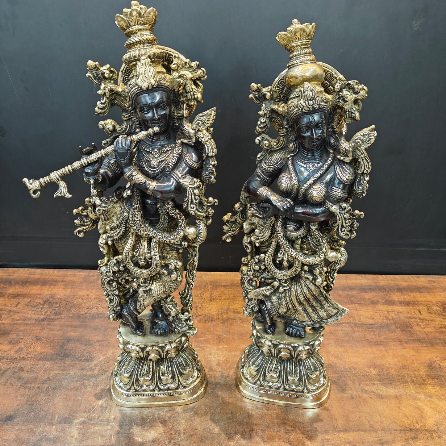 Brass Radha Krishna Idol Religious Black Patina Finish For Home Decor 29 Inch