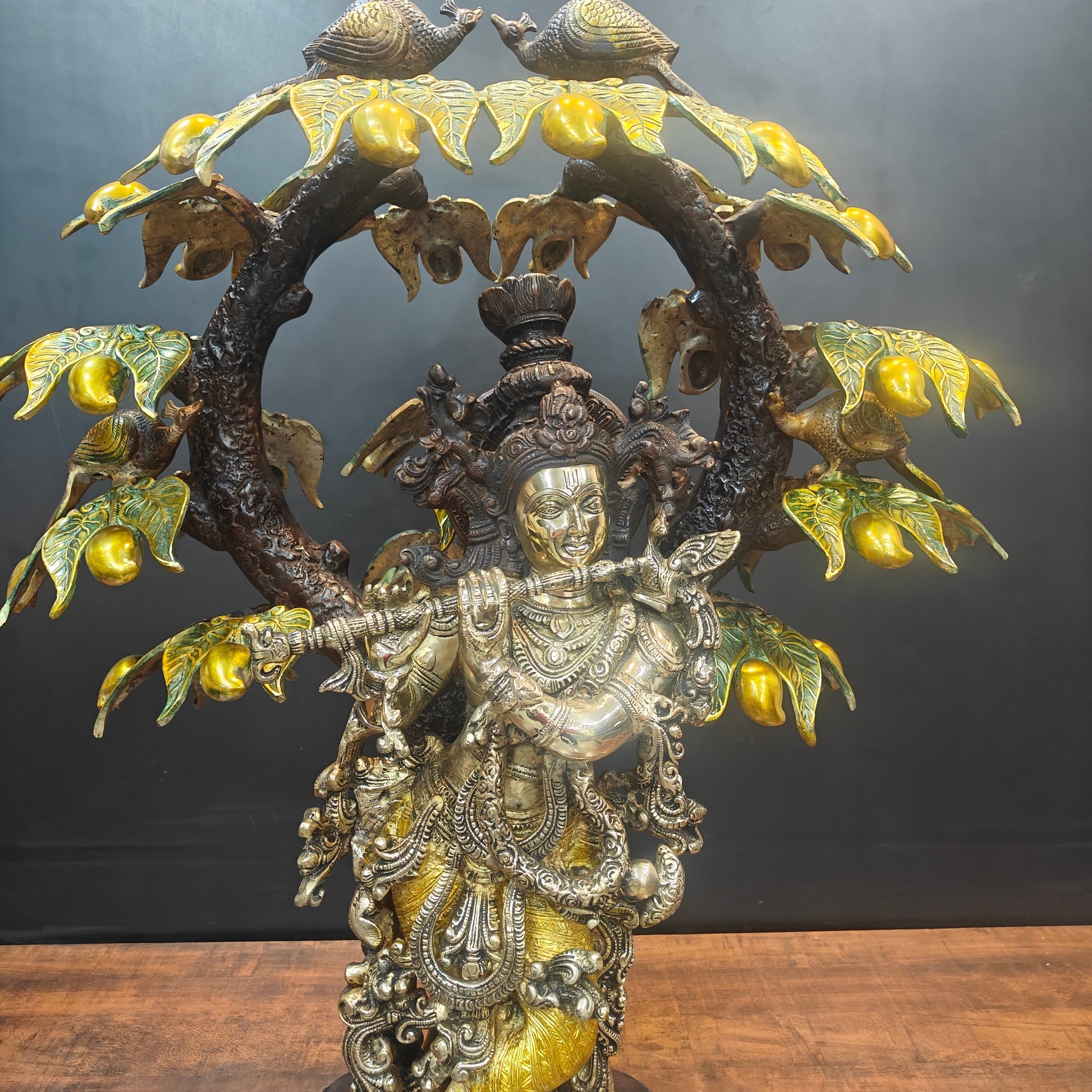 Brass Krishna Idol Under Kadamba Tree Antique Finish 33 Inches - Image 2