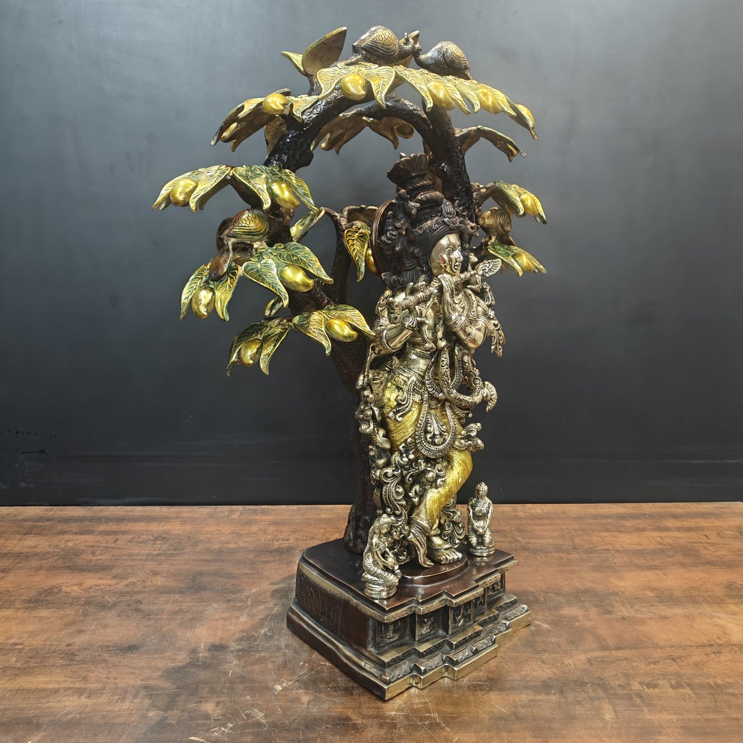 Brass Krishna Idol Under Kadamba Tree Antique Finish 33 Inches