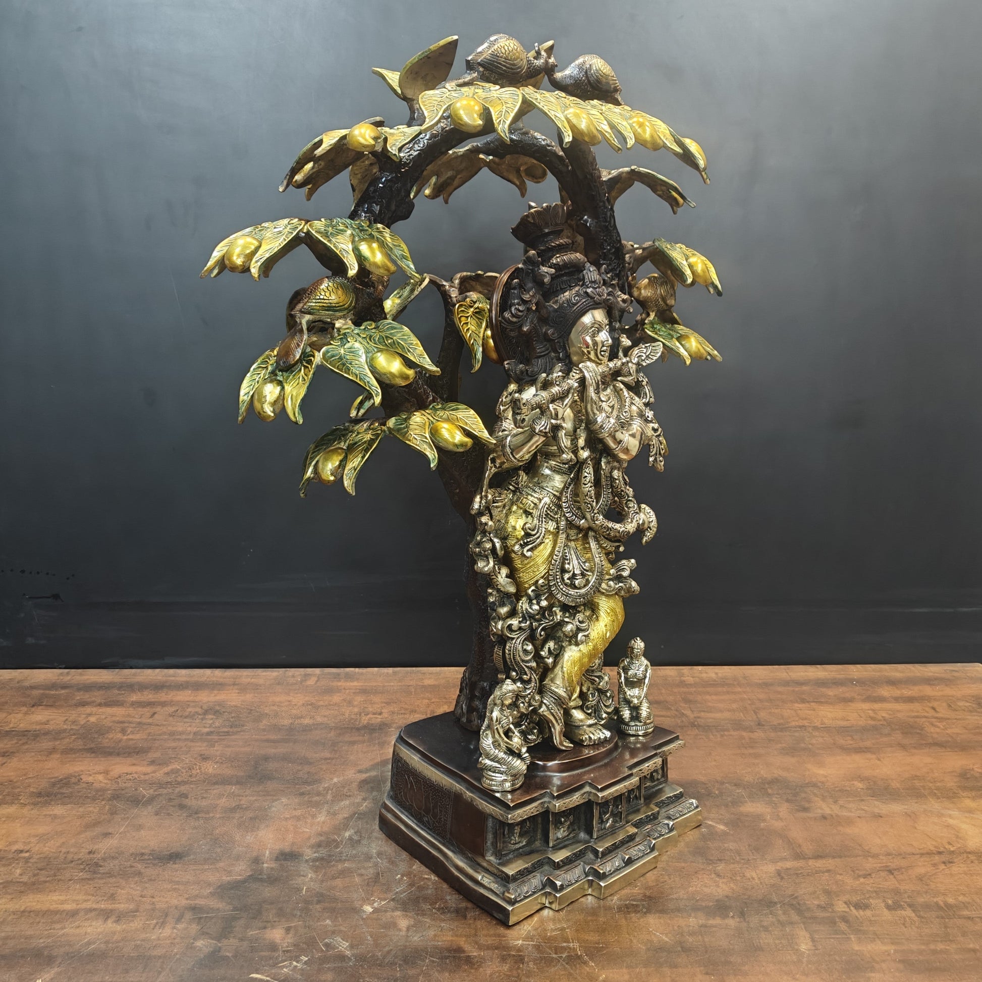 Brass Krishna Idol Under Kadamba Tree Antique Finish 33 Inches - Image 3