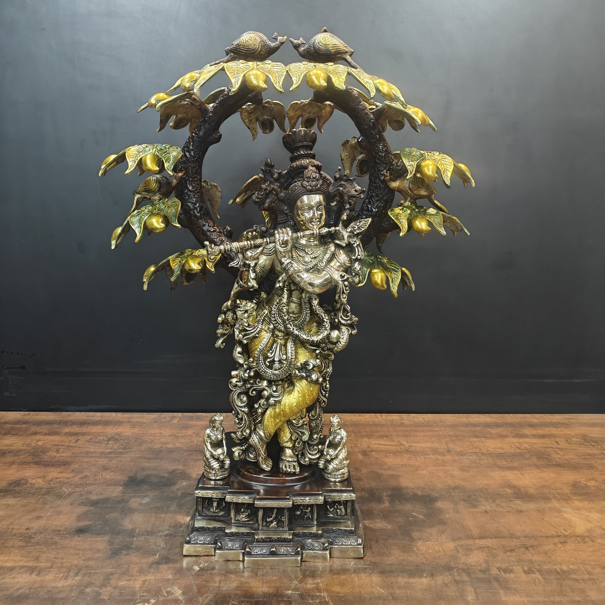 Brass Krishna Idol Under Kadamba Tree Antique Finish 33 Inches - Image 4