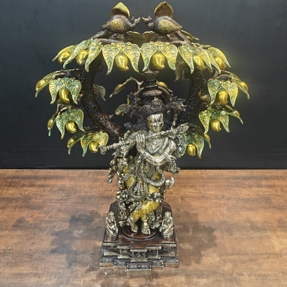 Brass Krishna Idol Under Kadamba Tree Antique Finish 33 Inches by vendor-unknown - Hindu Gods (View 5)