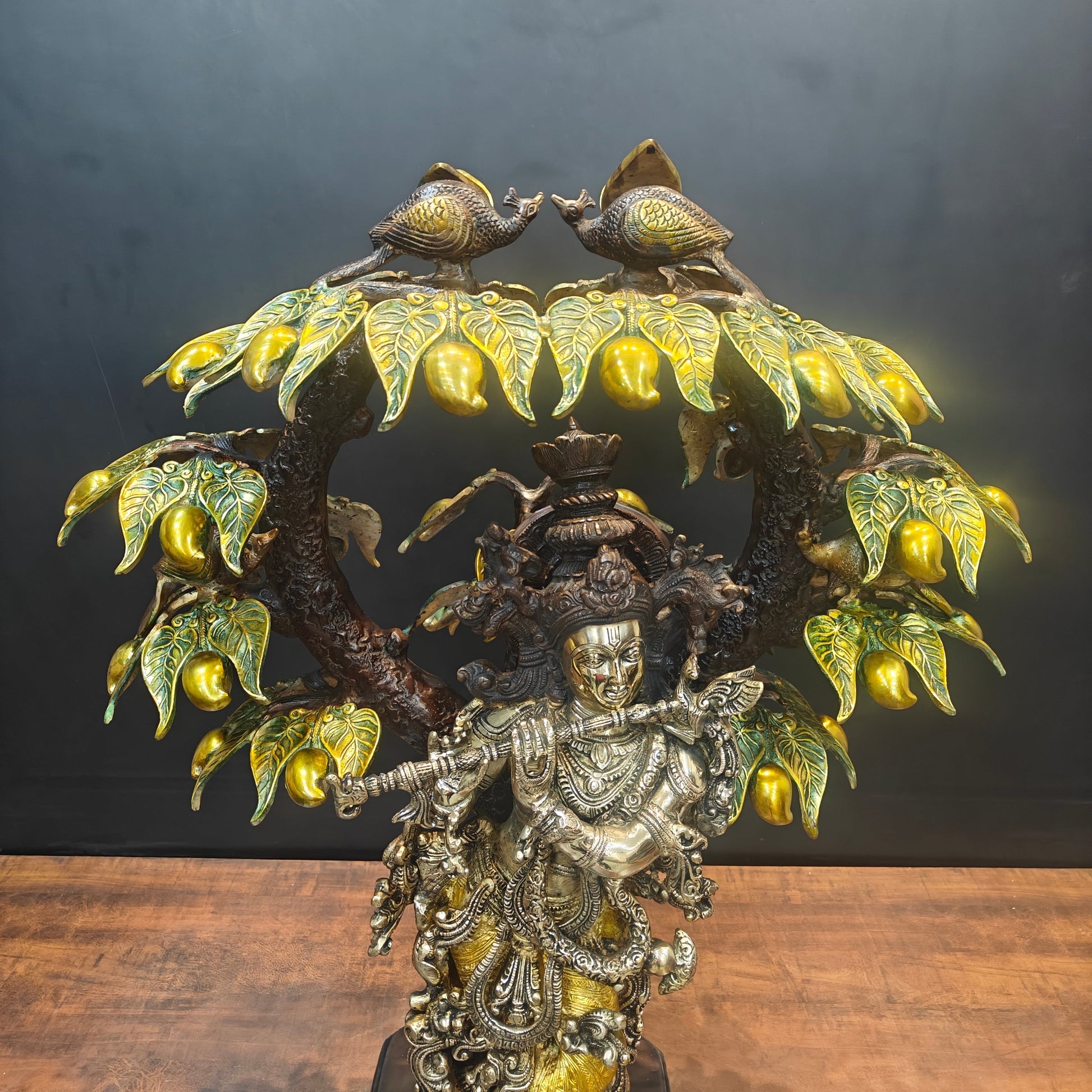 Brass Krishna Idol Under Kadamba Tree Antique Finish 33 Inches - Image 6