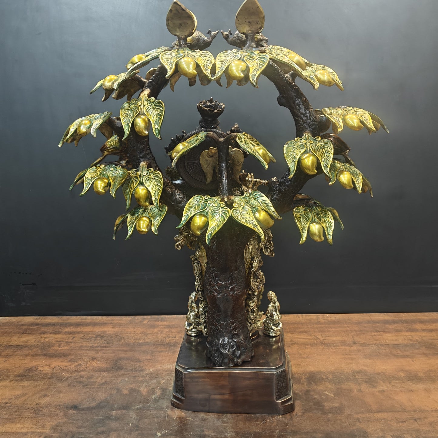 Brass Krishna Idol Under Kadamba Tree Antique Finish 33 Inches