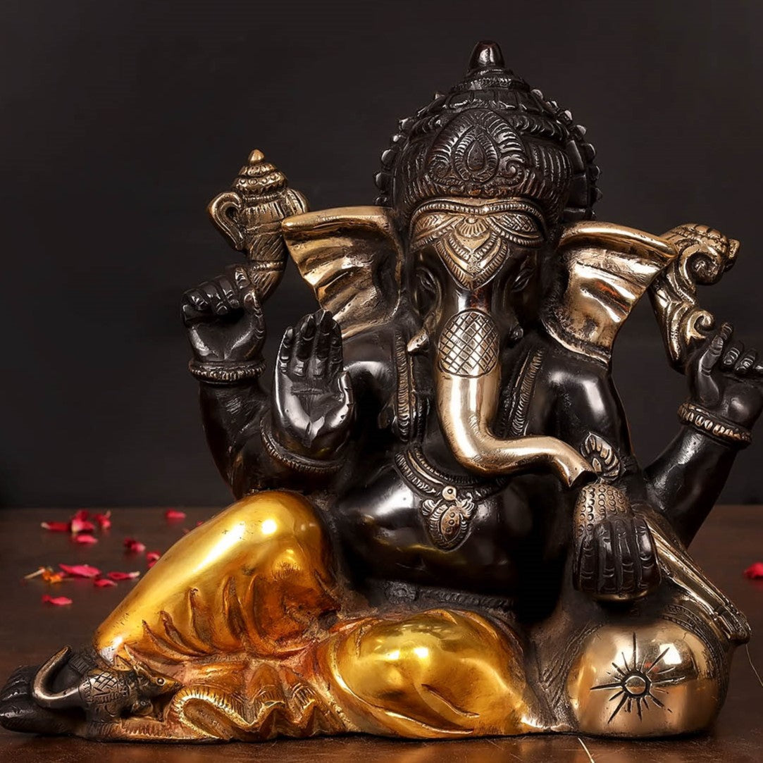 Brass Resting Ganesha Statue Black Patina Finish 10 Inch - Image 2