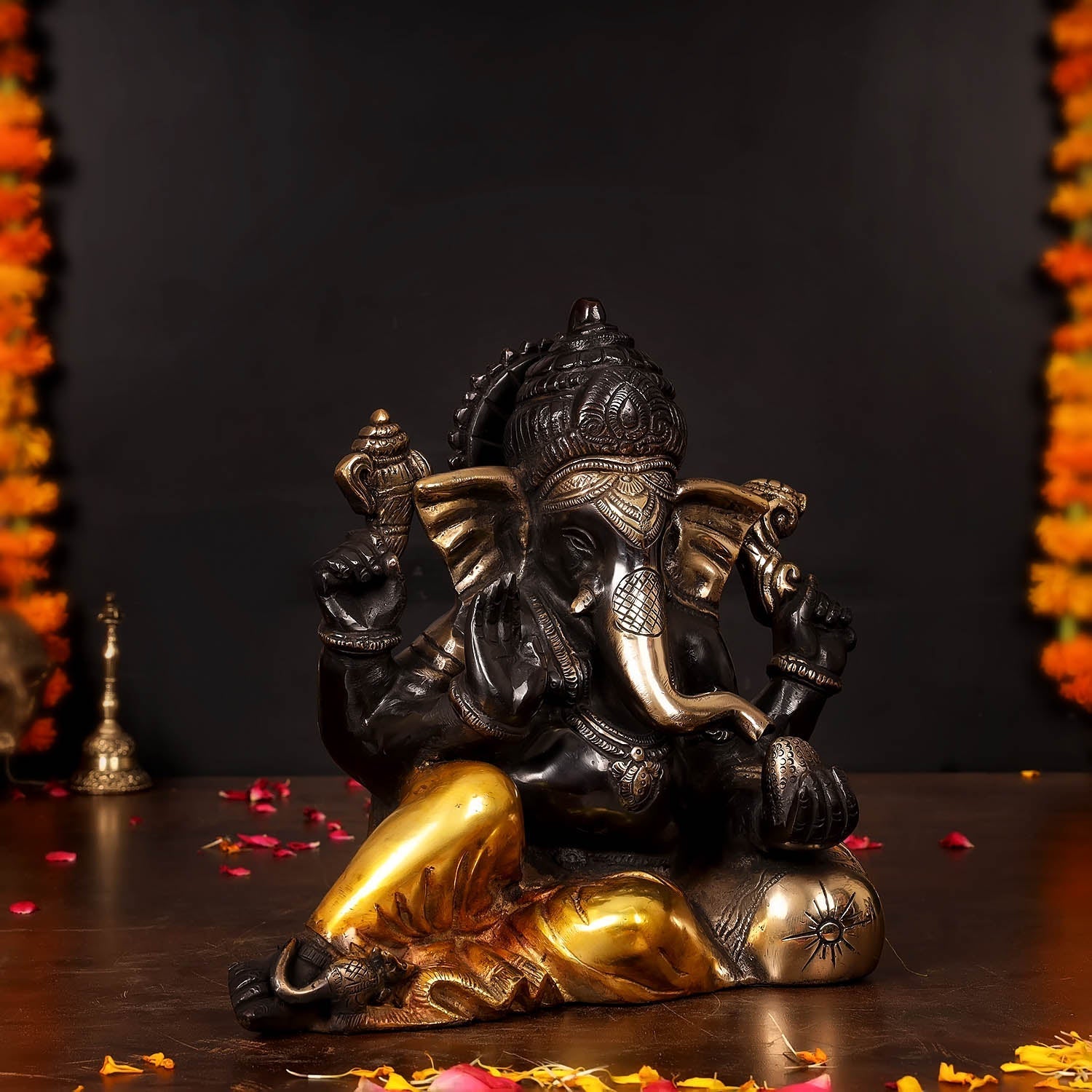 Brass Resting Ganesha Statue Black Patina Finish 10 Inch - Image 3