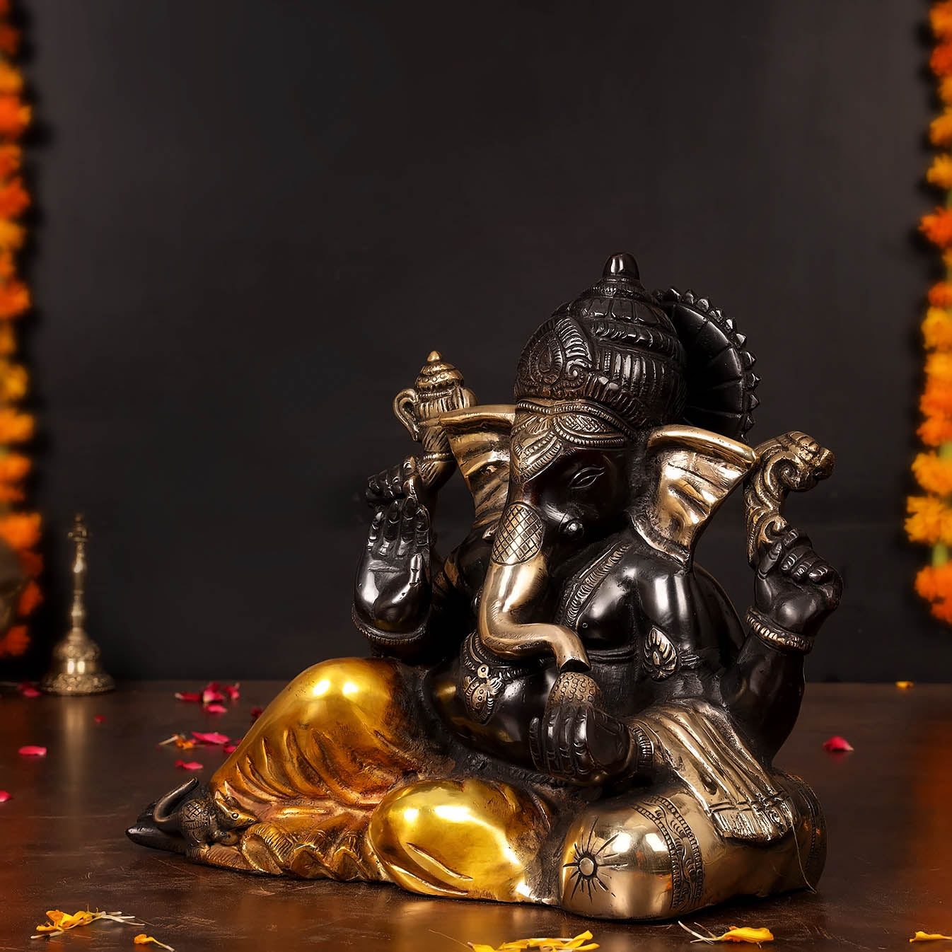 Brass Resting Ganesha Statue Black Patina Finish 10 Inch