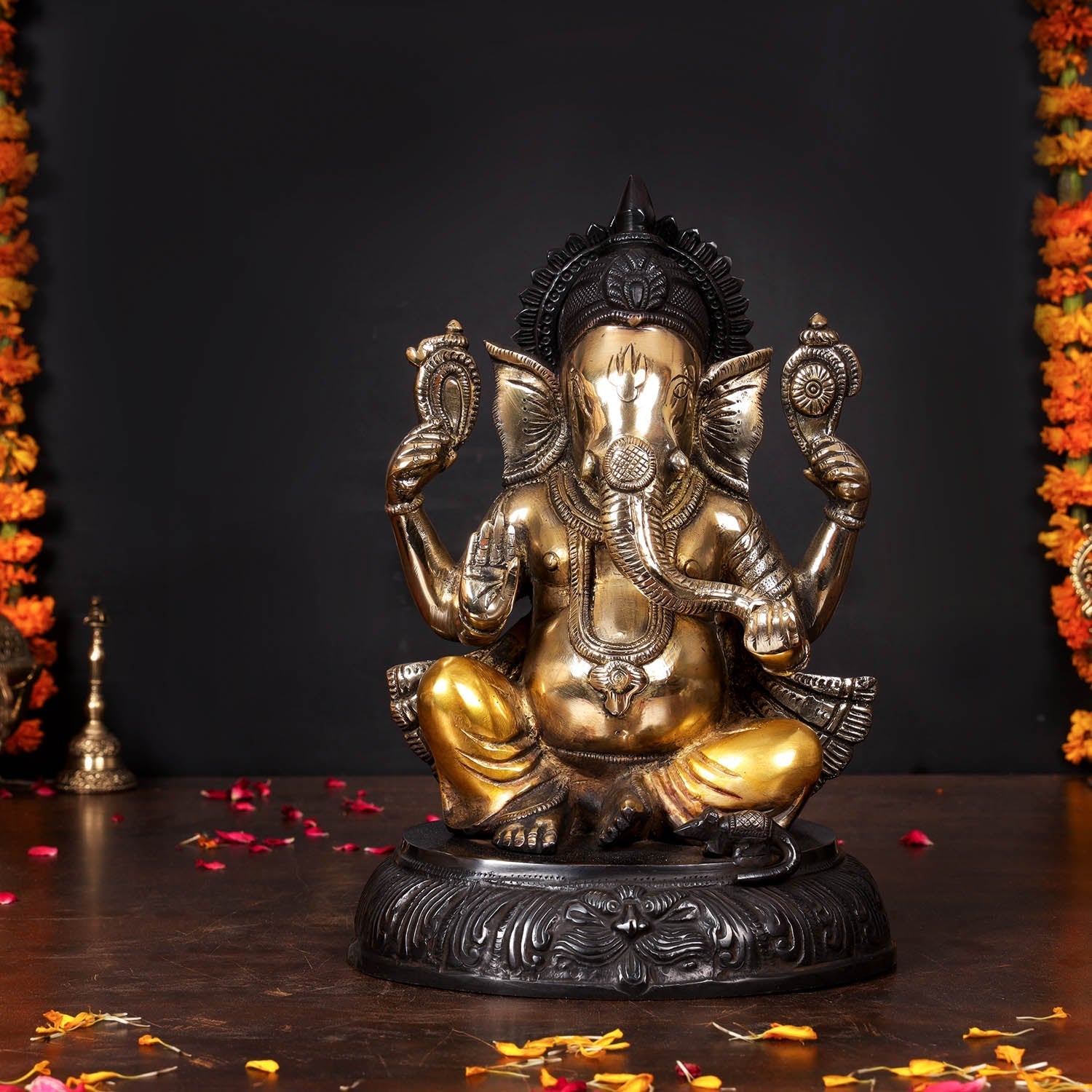 Brass Ganesha Statue Black Patina Finish For Home Decor 11.5 Inch - Eco-friendly - Sama Homes