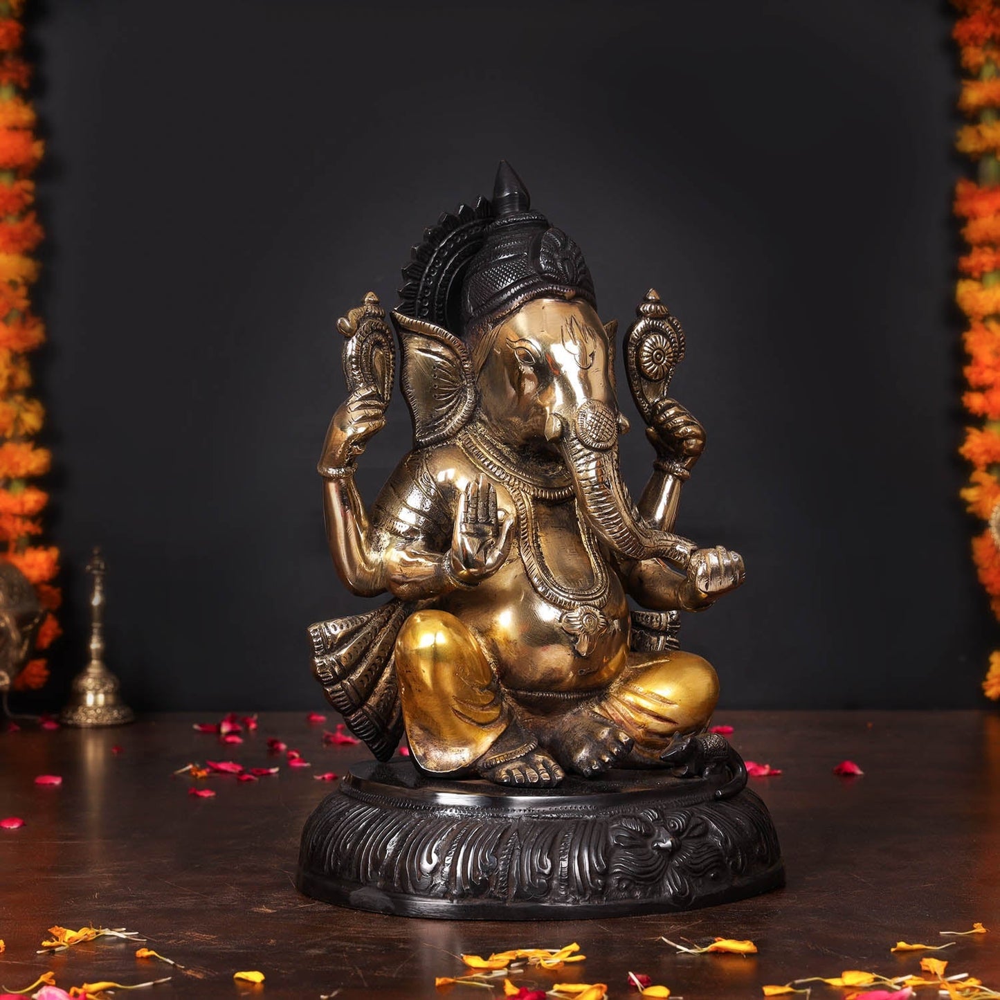 Brass Ganesha Statue Black Patina Finish For Home Decor 11.5 Inch