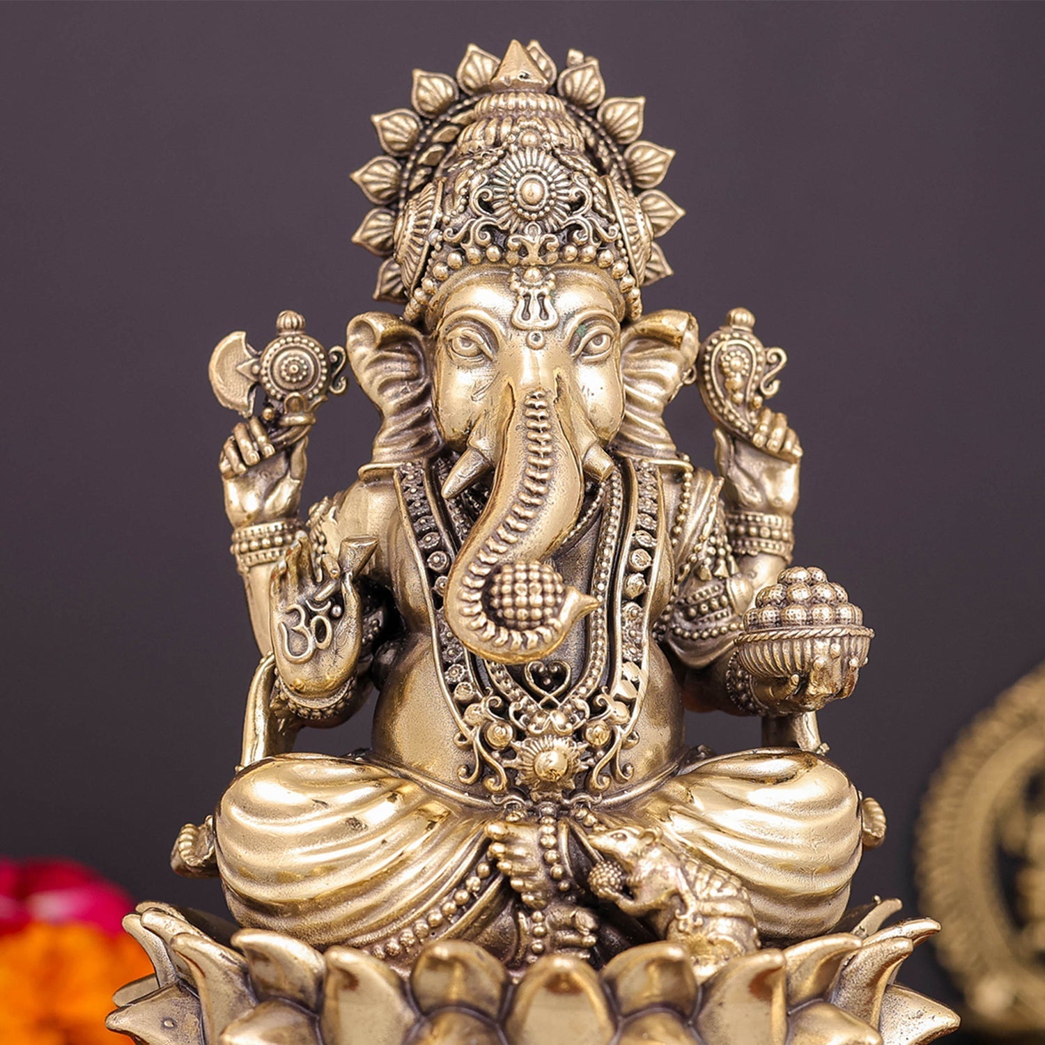 Brass Superfine Ganesha Idol Sitting On Lotus 6 Inch - Image 2