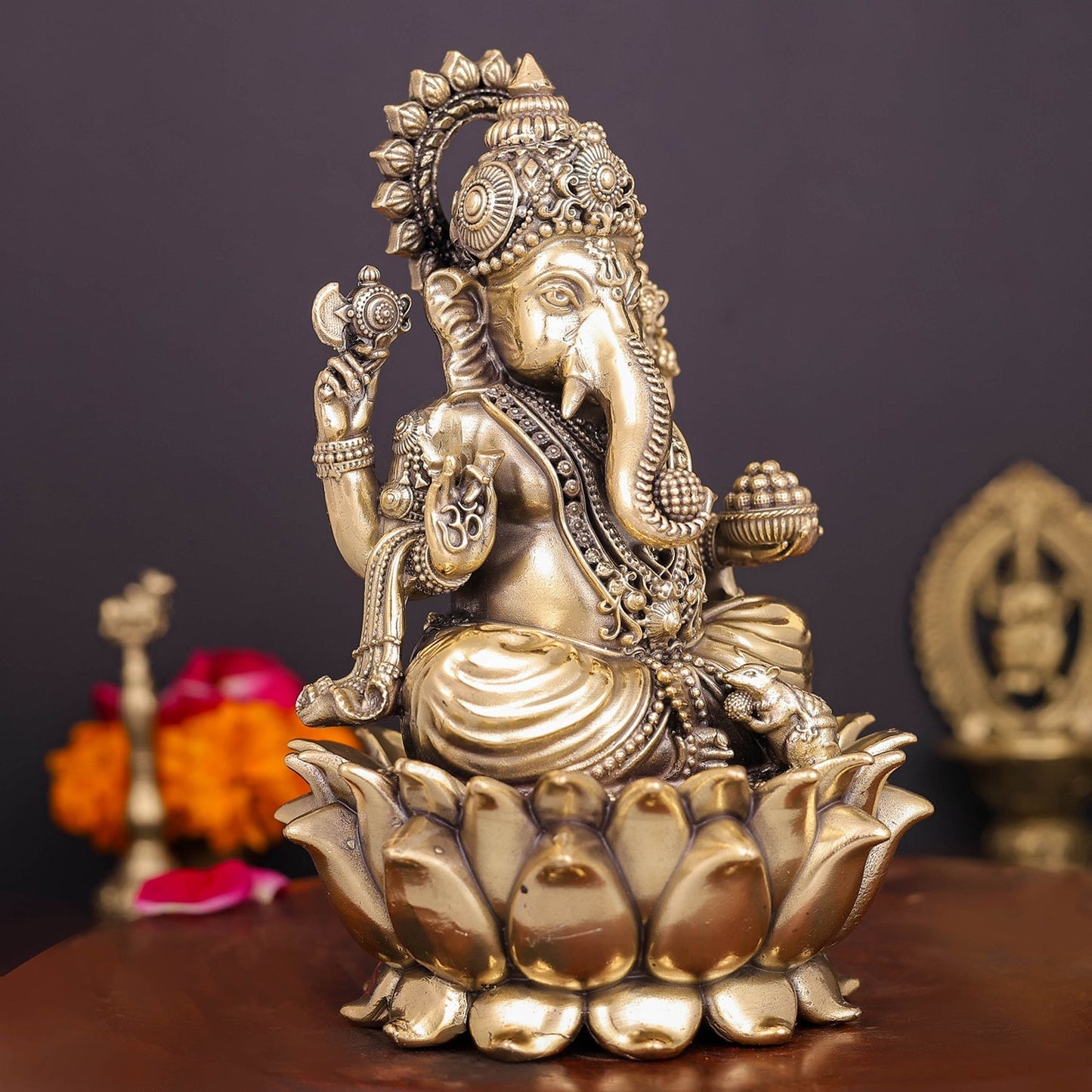 Brass Superfine Ganesha Idol Sitting On Lotus 6 Inch
