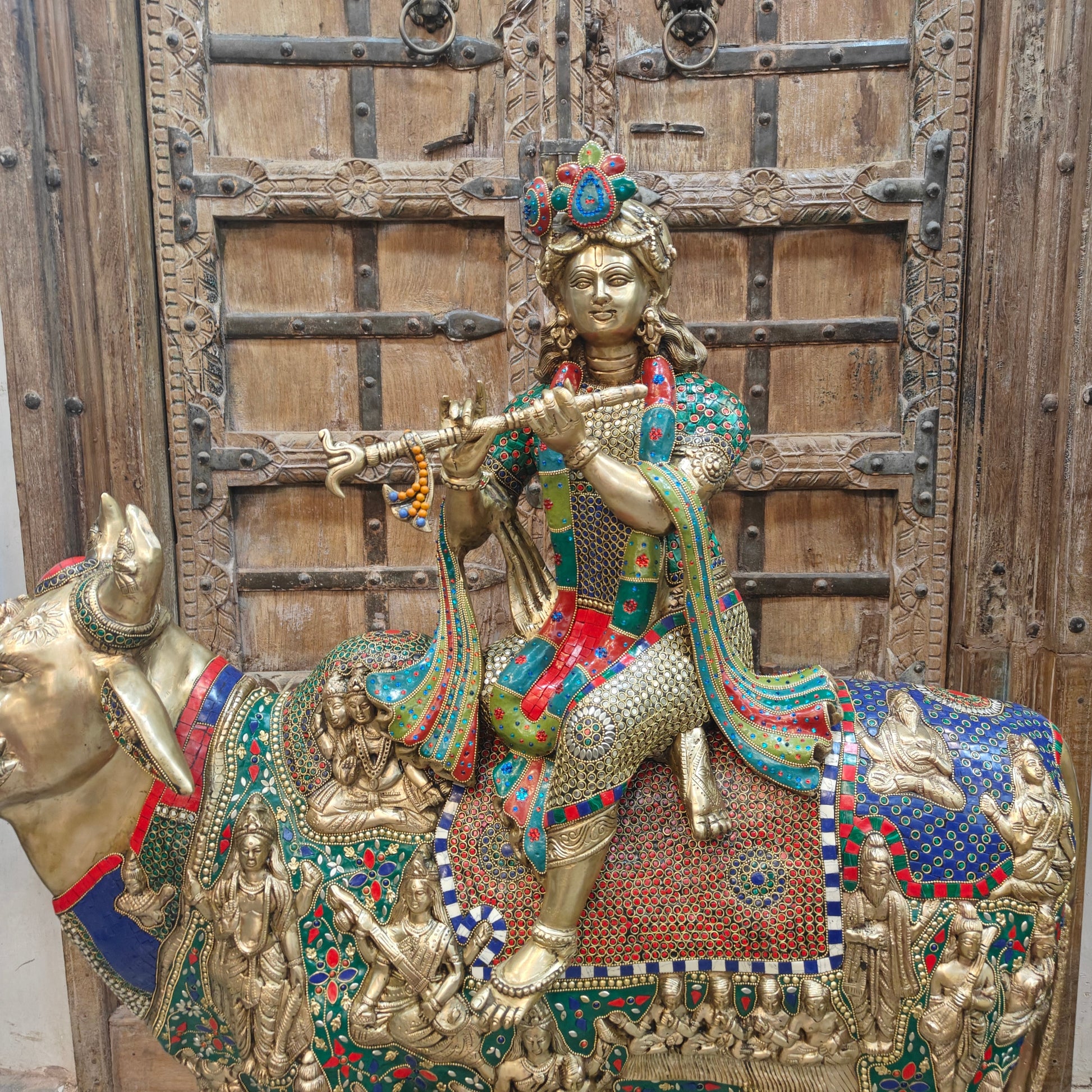 Brass Large Krishna Idol Seated On Cow Stone Work 43 Inches - Image 2