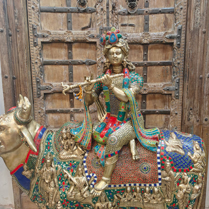 Brass Large Krishna Idol Seated On Cow Stone Work 43 Inches by vendor-unknown - Hindu Gods (View 2)