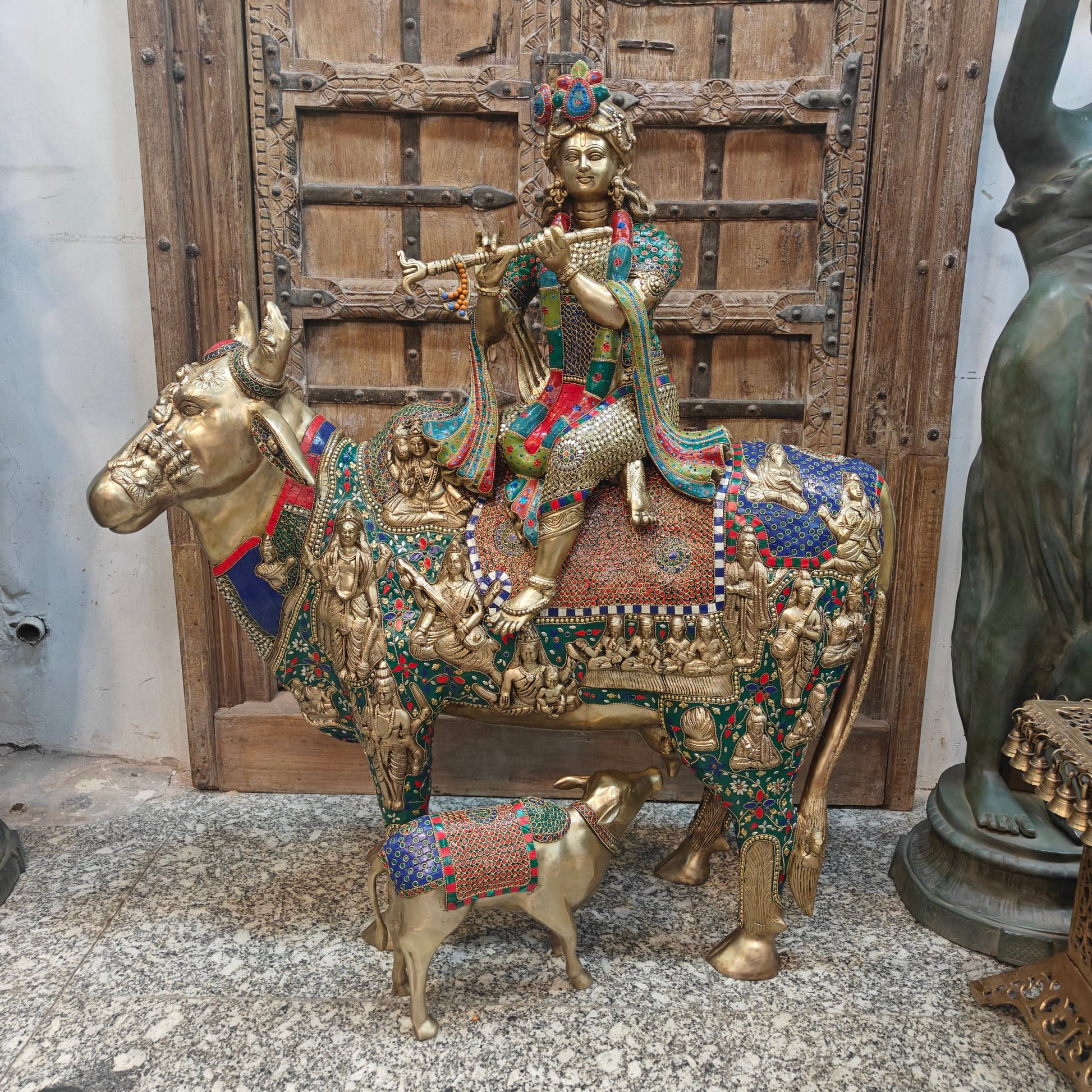 Brass Large Krishna Idol Seated On Cow Stone Work 43 Inches - Image 3
