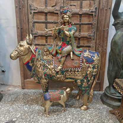 Brass Large Krishna Idol Seated On Cow Stone Work 43 Inches by vendor-unknown - Hindu Gods (View 3)