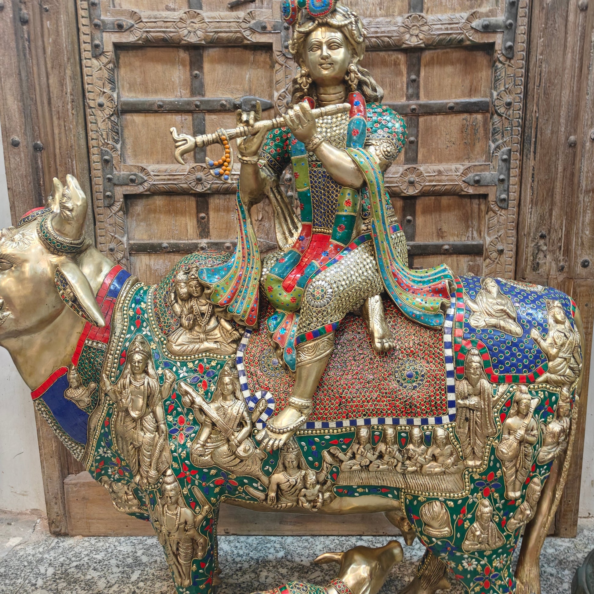 Brass Large Krishna Idol Seated On Cow Stone Work 43 Inches - Image 4