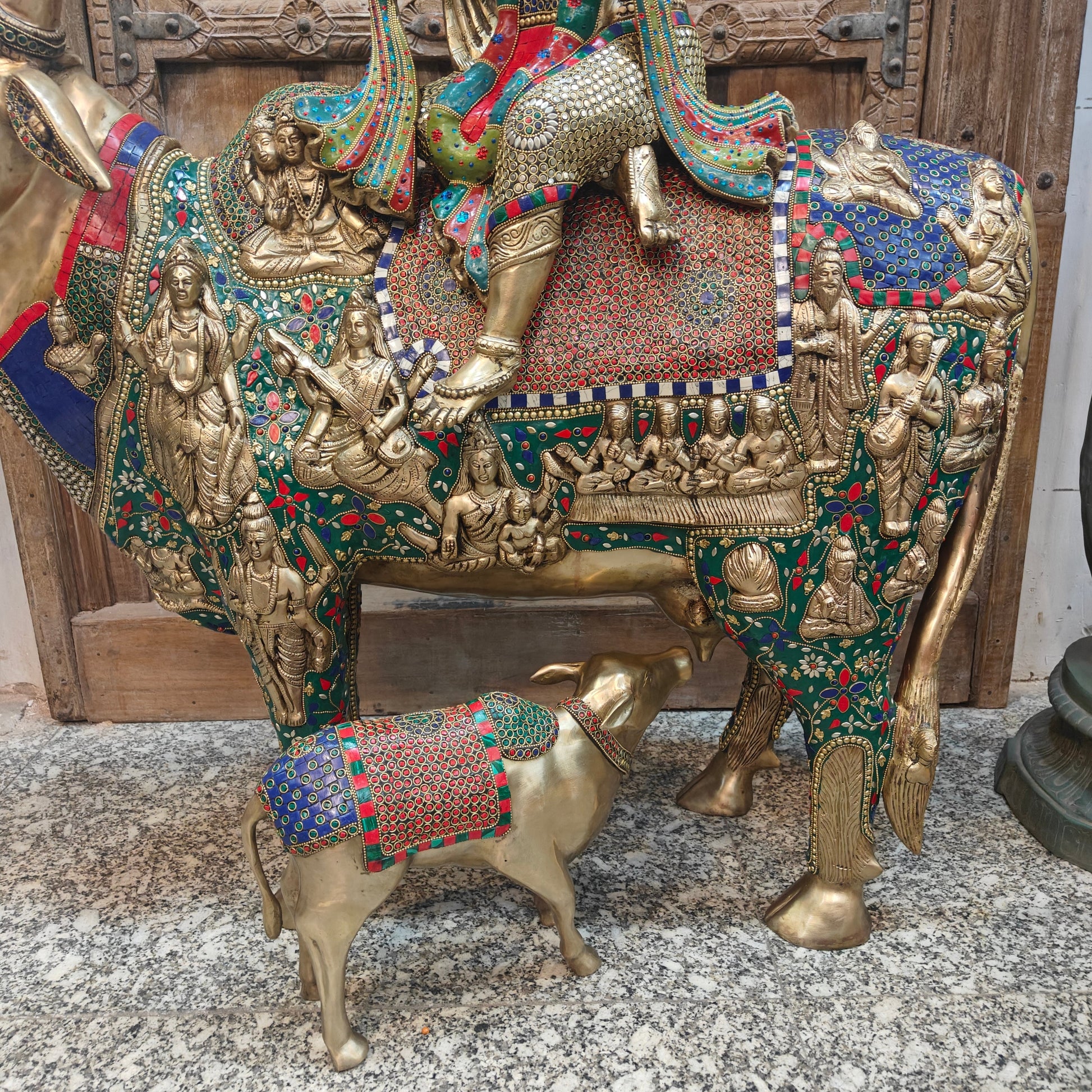 Brass Large Krishna Idol Seated On Cow Stone Work 43 Inches - Image 5