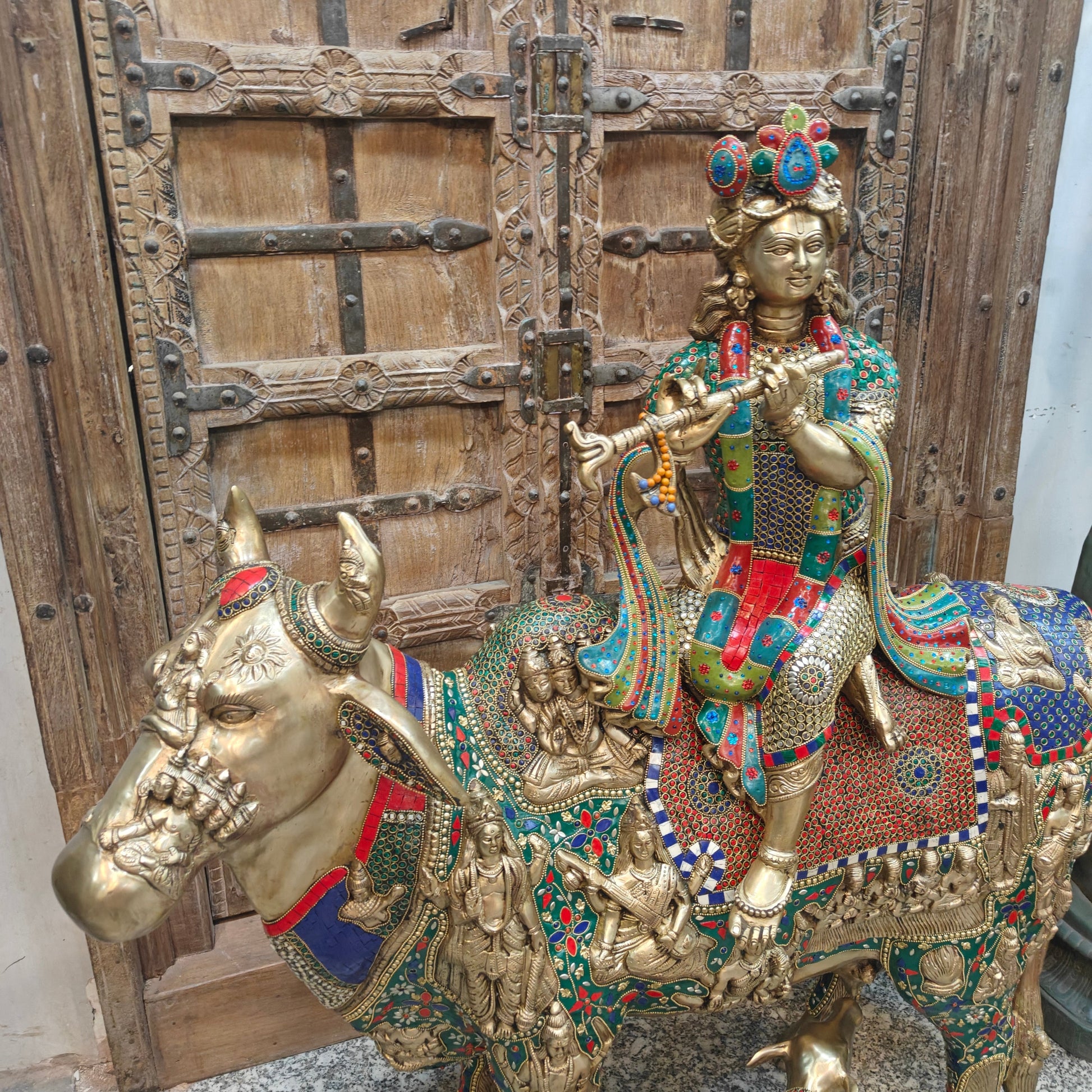Brass Large Krishna Idol Seated On Cow Stone Work 43 Inches - Image 6