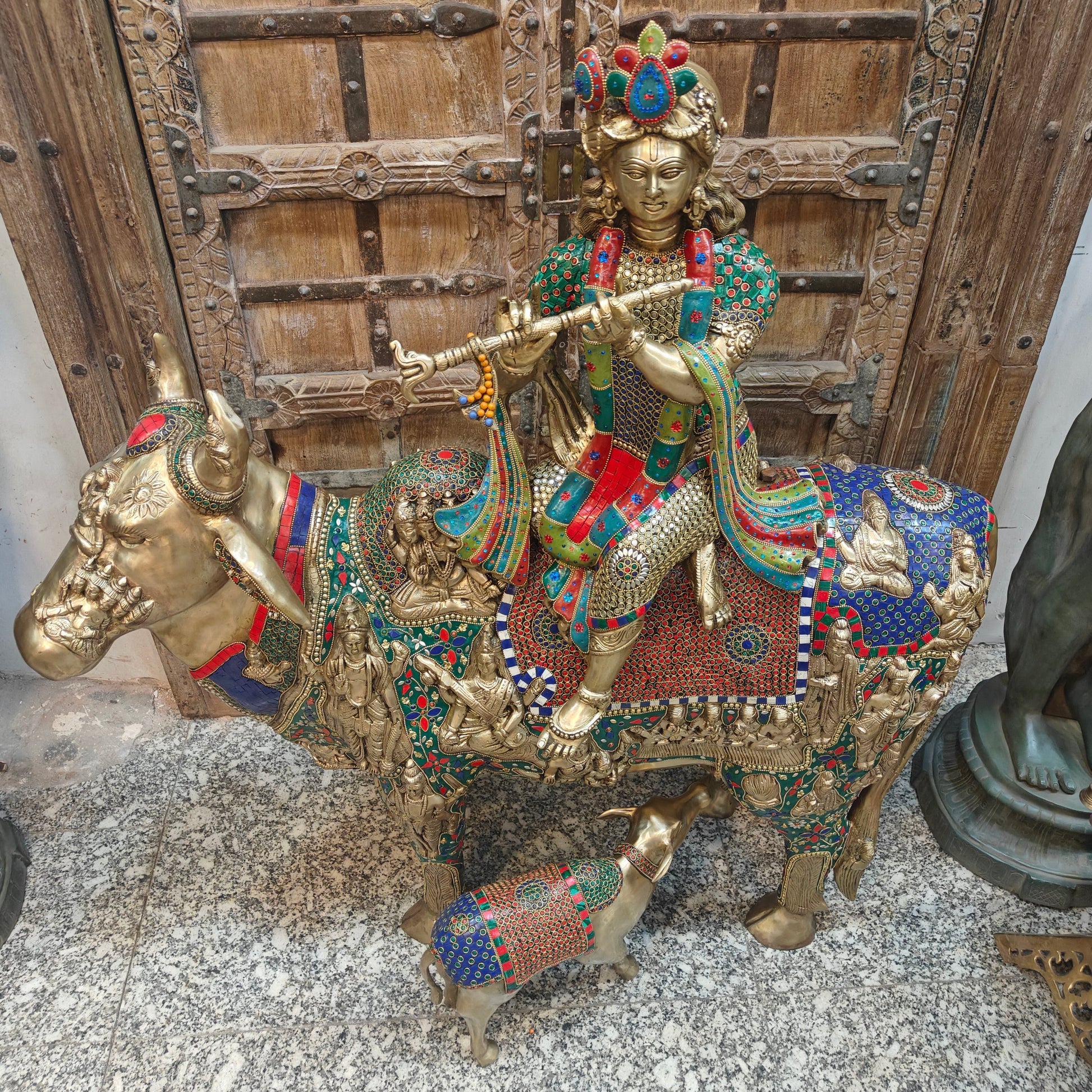 Brass Large Krishna Idol Seated On Cow Stone Work 43 Inches - Image 7