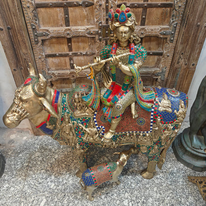 Brass Large Krishna Idol Seated On Cow Stone Work 43 Inches by vendor-unknown - Hindu Gods (View 7)