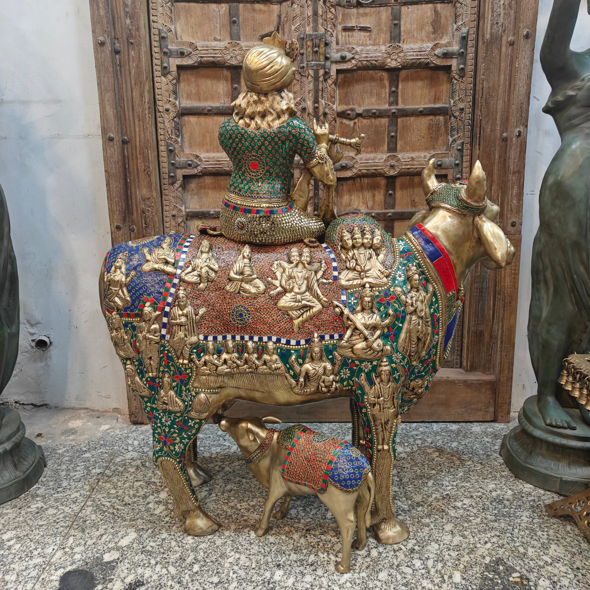Brass Large Krishna Idol Seated On Cow Stone Work 43 Inches - Image 9