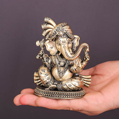 Brass Superfine Ganesha Idol Wearing a Turban 4 Inch by vendor-unknown - Hindu Gods (View 3)