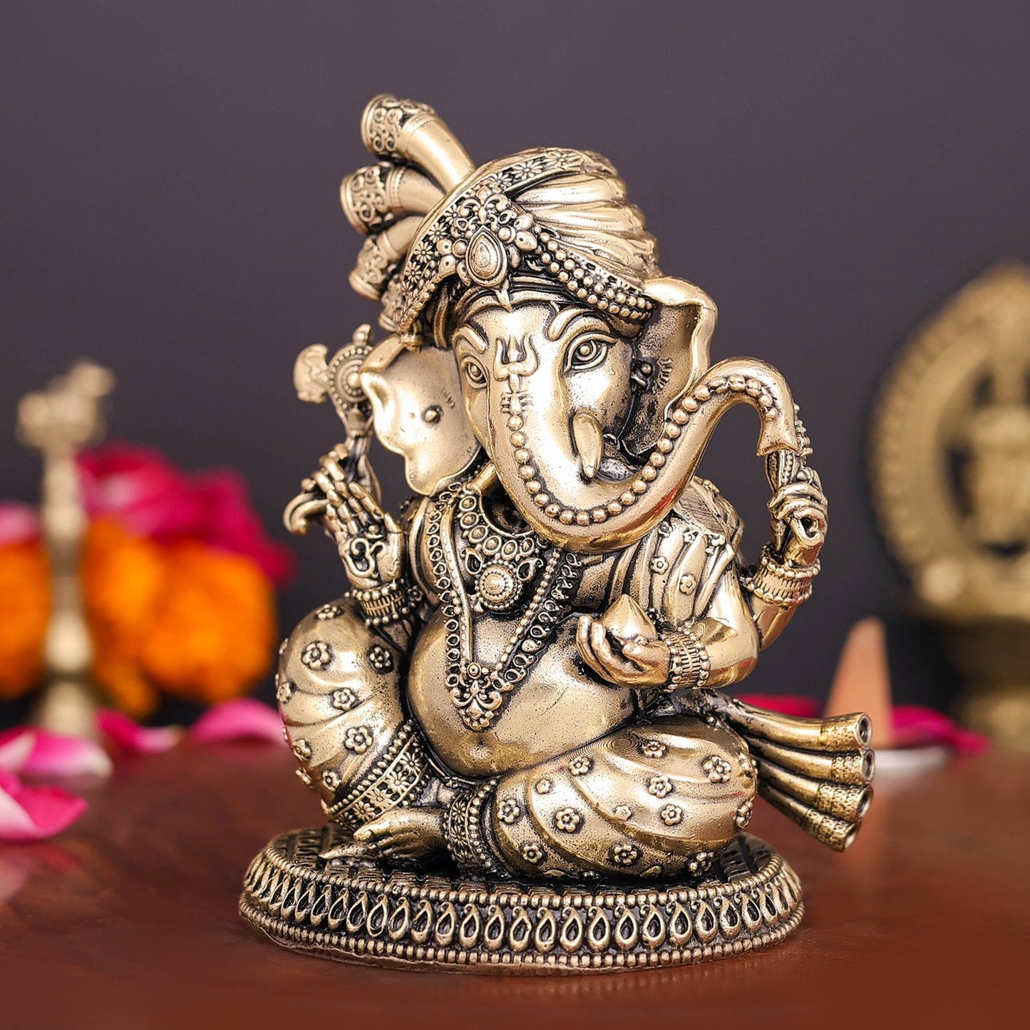 Brass Superfine Ganesha Idol Wearing a Turban 4 Inch