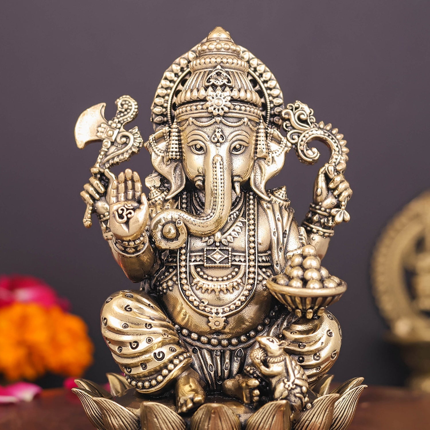 Brass Superfine Right Trunk Ganesha Idol Seated on Lotus 5 Inch - Image 2