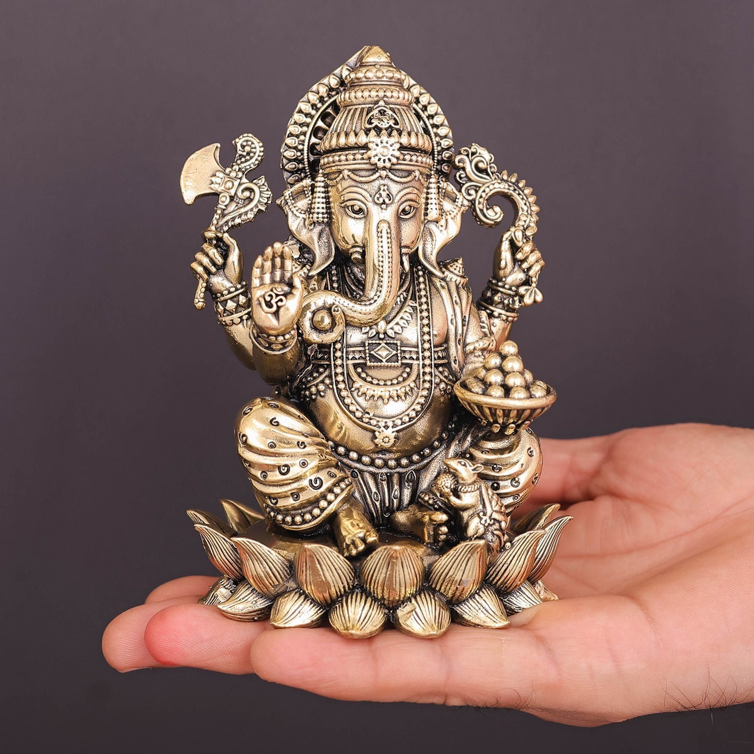 Brass Superfine Right Trunk Ganesha Idol Seated on Lotus 5 Inch - Image 3