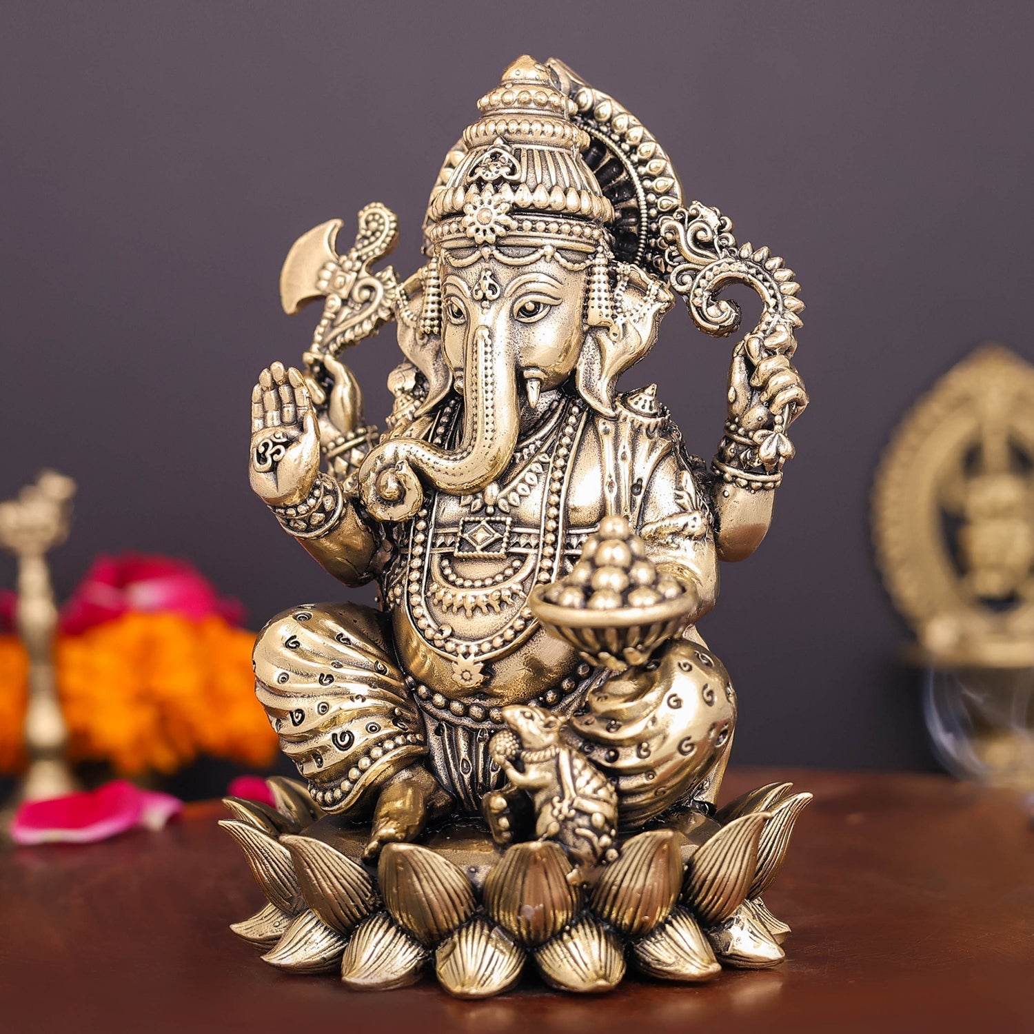 Brass Superfine Right Trunk Ganesha Idol Seated on Lotus 5 Inch - Image 4