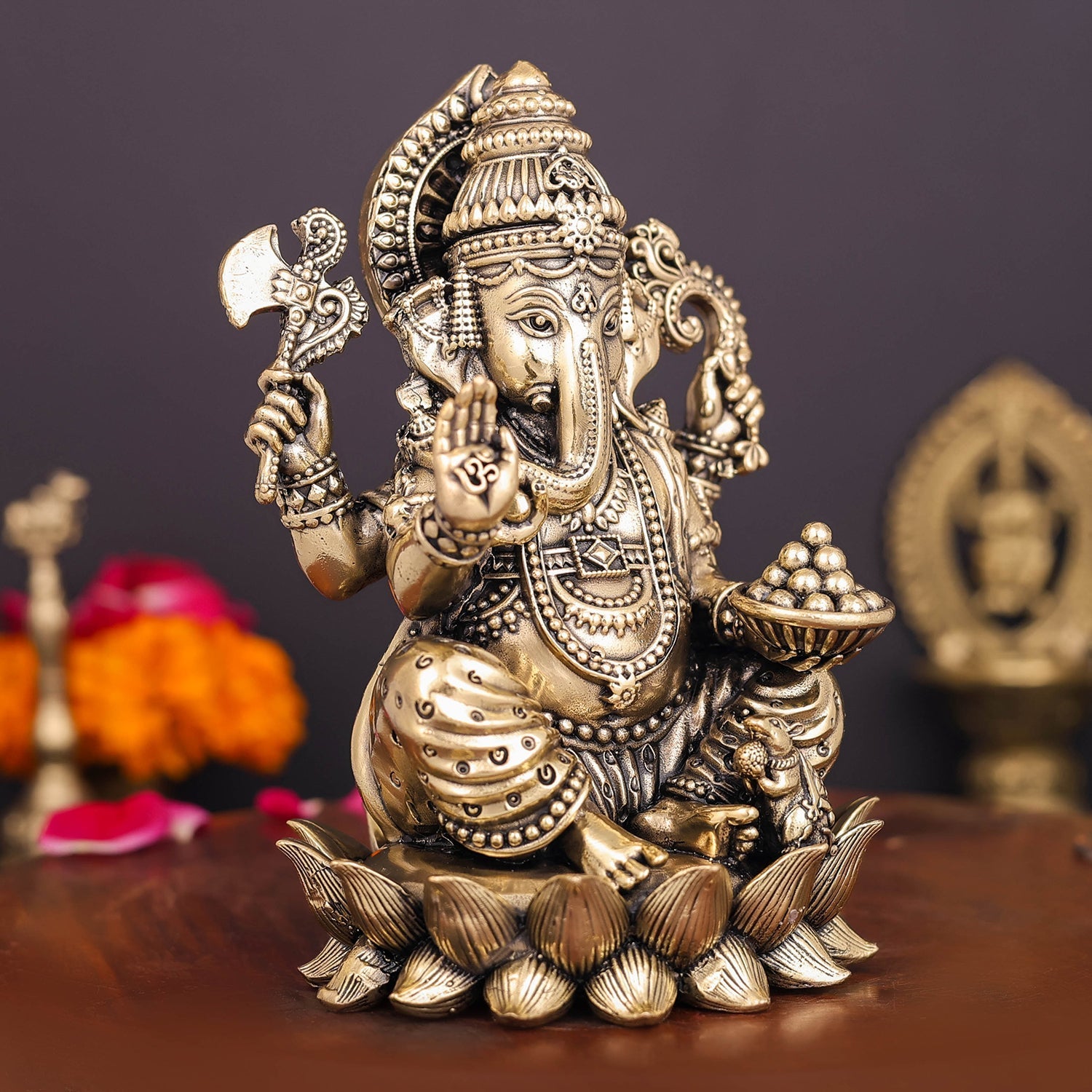 Brass Superfine Right Trunk Ganesha Idol Seated on Lotus 5 Inch - Image 5