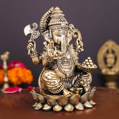 Brass Superfine Right Trunk Ganesha Idol Seated on Lotus 5 Inch by vendor-unknown - Hindu Gods (View 5)