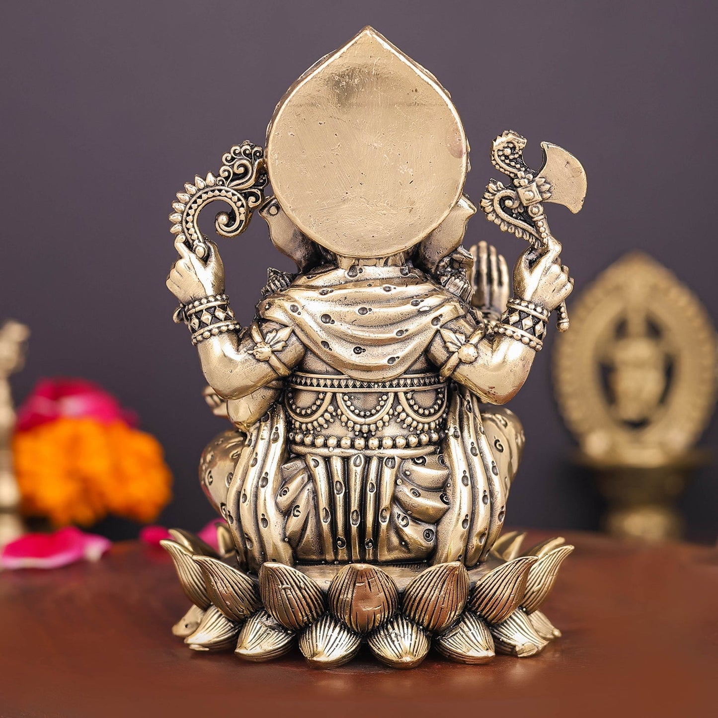 Brass Superfine Right Trunk Ganesha Idol Seated on Lotus 5 Inch