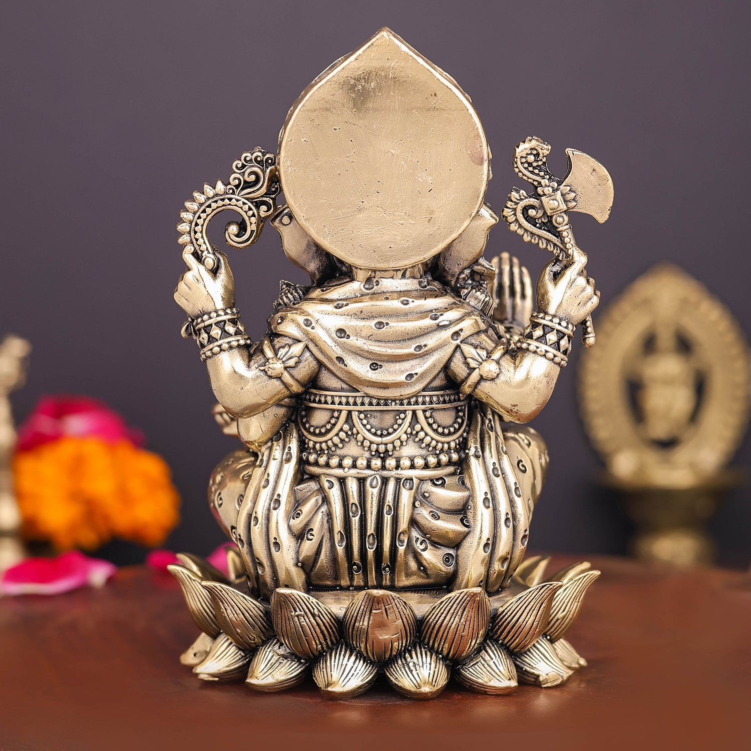 Brass Superfine Right Trunk Ganesha Idol Seated on Lotus 5 Inch - Image 6