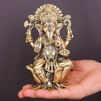 Brass Superfine Ganesha Idol Seated on Lotus 6 Inch by vendor-unknown - Hindu Gods (View 3)
