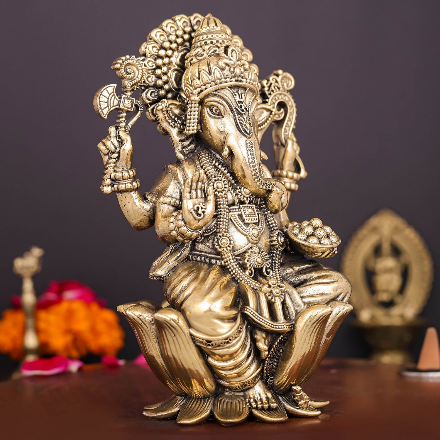 Brass Superfine Ganesha Idol Seated on Lotus 6 Inch - Image 5