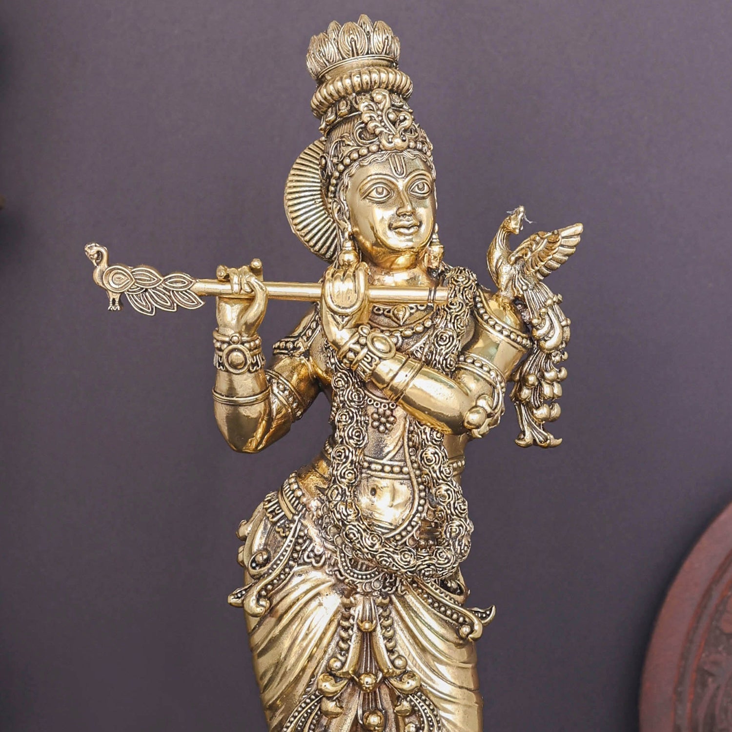 Brass Superfine Lord Krishna Idol Enhanced Carvings 13.5 Inch - Image 2