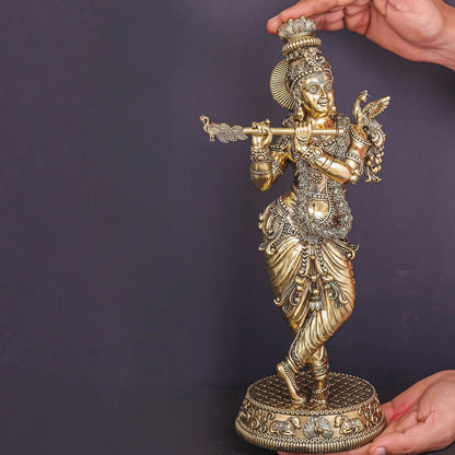Brass Superfine Lord Krishna Idol Enhanced Carvings 13.5 Inch by vendor-unknown - Hindu Gods (View 3)