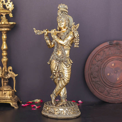 Brass Superfine Lord Krishna Idol Enhanced Carvings 13.5 Inch by vendor-unknown - Hindu Gods (View 4)