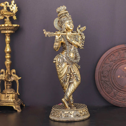 Brass Superfine Lord Krishna Idol Enhanced Carvings 13.5 Inch by vendor-unknown - Hindu Gods (View 5)