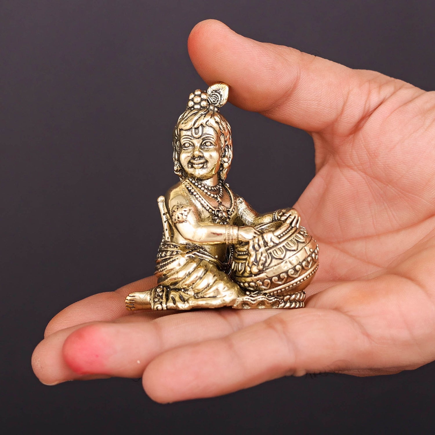 Brass Superfine Makhan Chor Bal Gopal Krishna Idol 2.5 Inch - Image 3