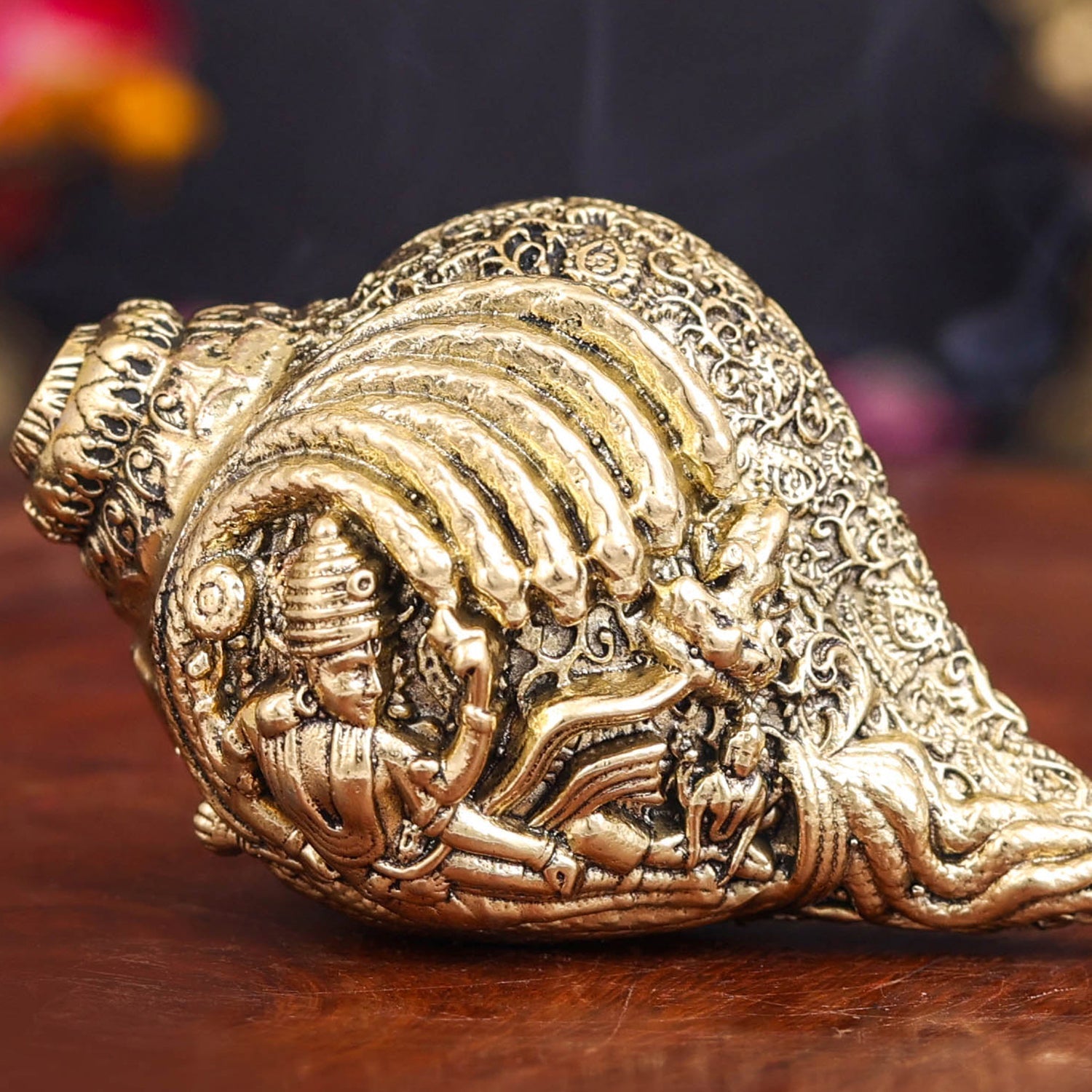 Brass Superfine Sculpture Shankh Cooch Vishnu Lakshmi Engraved Showpiece 3 Inch - Image 2