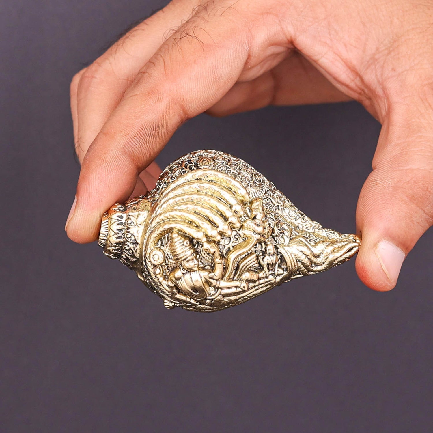 Brass Superfine Sculpture Shankh Cooch Vishnu Lakshmi Engraved Showpiece 3 Inch - Image 3