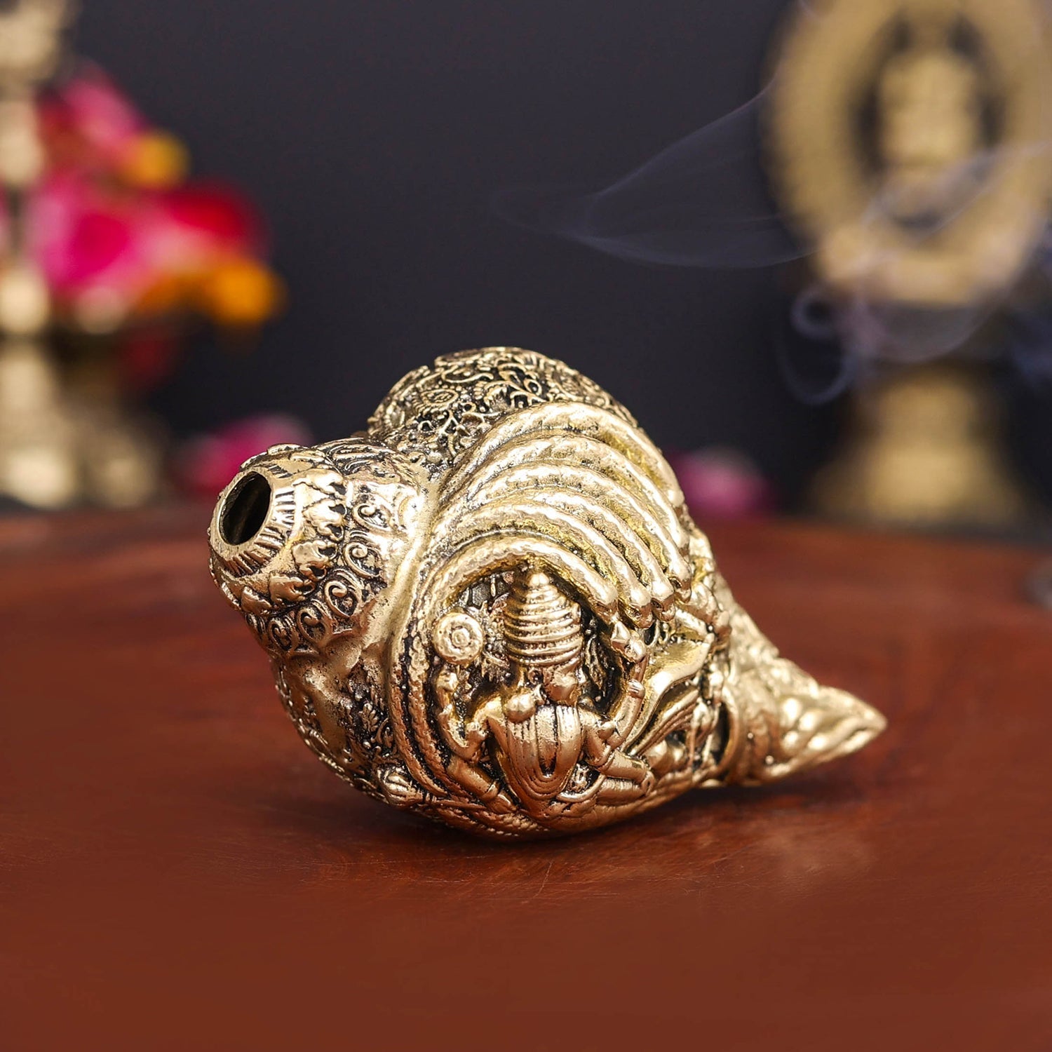 Brass Superfine Sculpture Shankh Cooch Vishnu Lakshmi Engraved Showpiece 3 Inch - Image 4