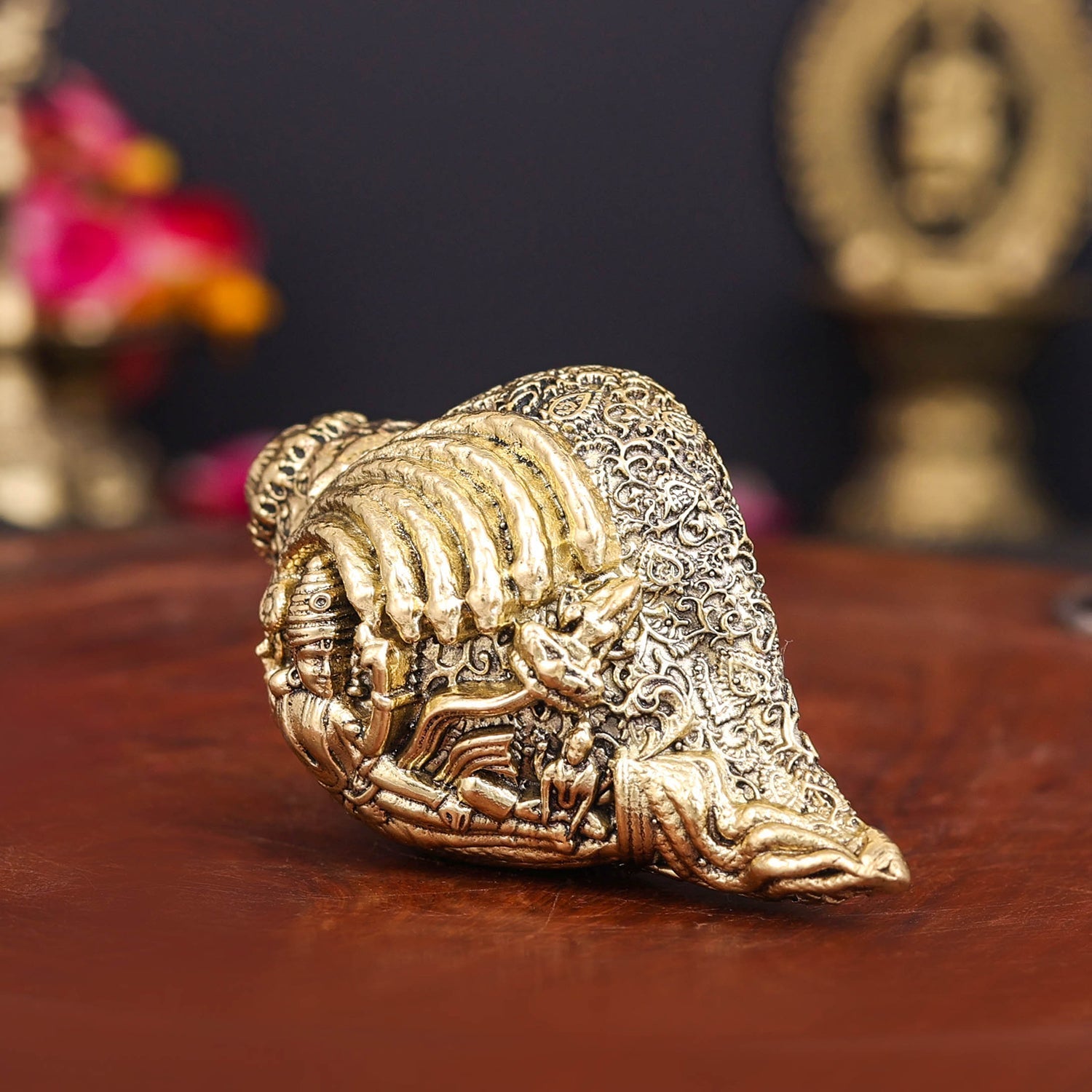 Brass Superfine Sculpture Shankh Cooch Vishnu Lakshmi Engraved Showpiece 3 Inch - Image 5