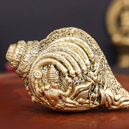 Brass Superfine Sculpture Shankh Cooch Vishnu Lakshmi Engraved Showpiece 4 Inch by vendor-unknown - Spiritual (View 2)