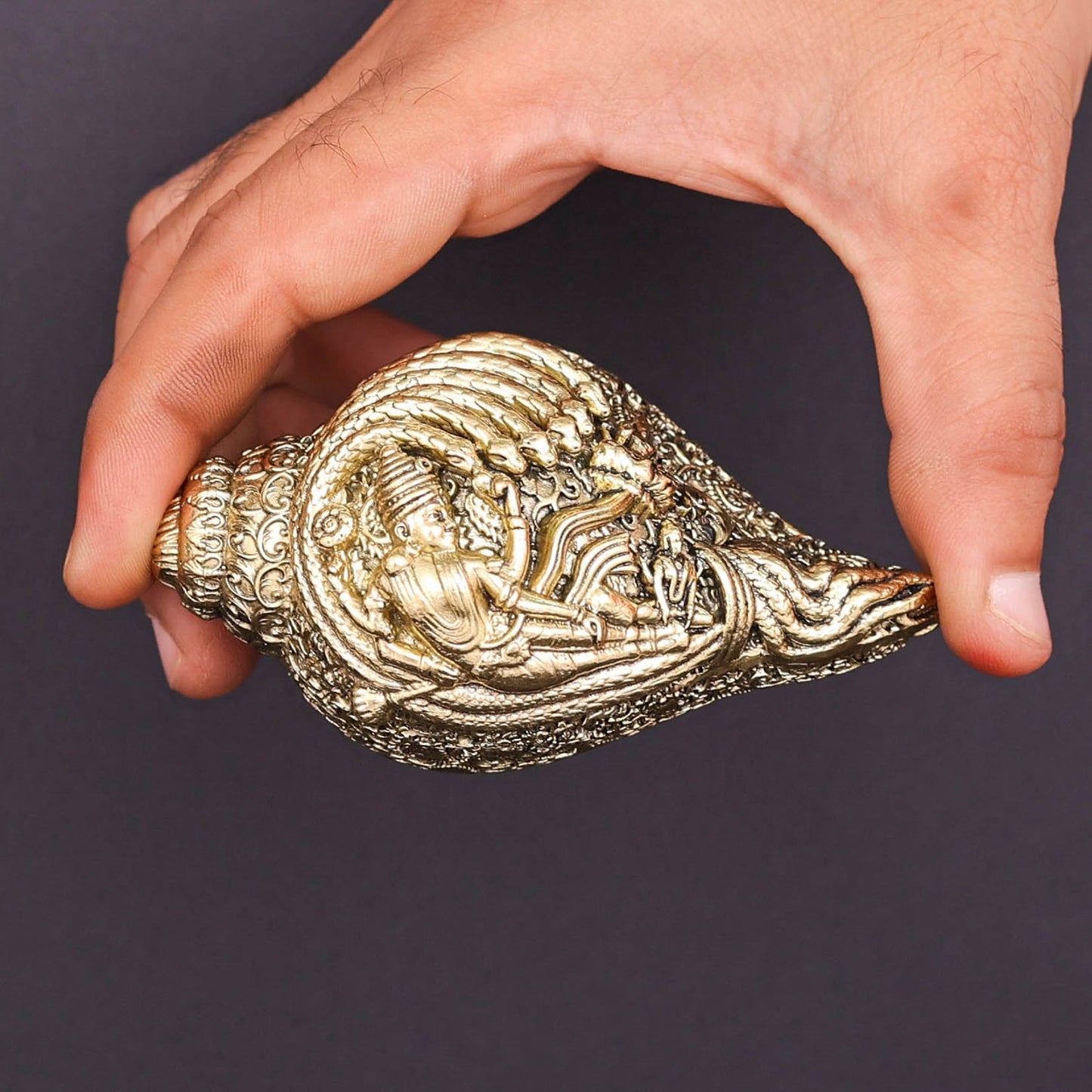 Brass Superfine Sculpture Shankh Cooch Vishnu Lakshmi Engraved Showpiece 4 Inch