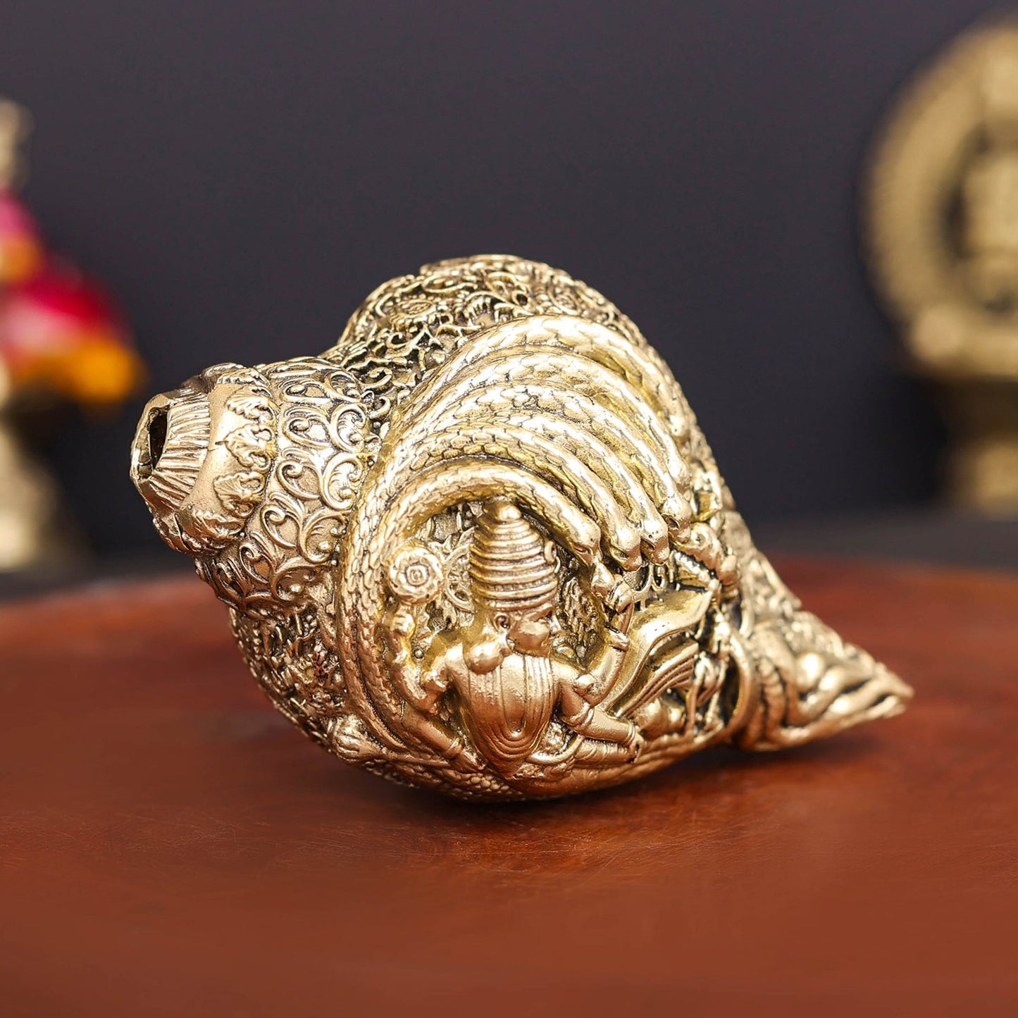 Brass Superfine Sculpture Shankh Cooch Vishnu Lakshmi Engraved Showpiece 4 Inch