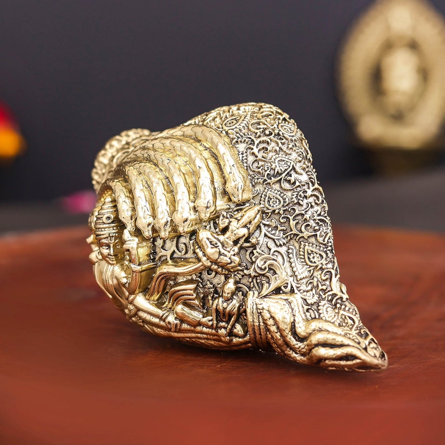 Brass Superfine Sculpture Shankh Cooch Vishnu Lakshmi Engraved Showpiece 4 Inch