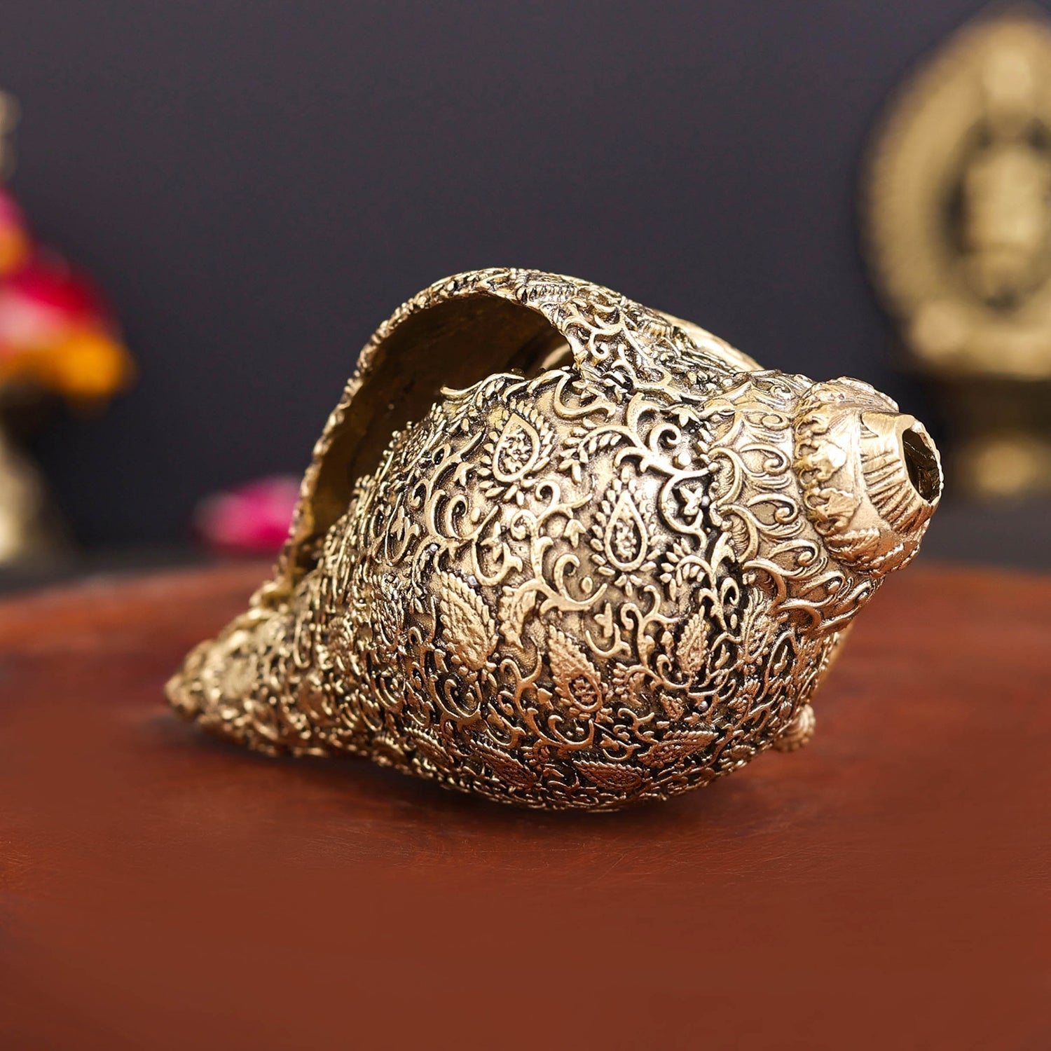 Brass Superfine Sculpture Shankh Cooch Vishnu Lakshmi Engraved Showpiece 4 Inch - Image 6